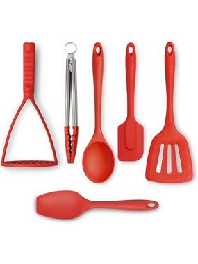 Red Non-Stick Silicone Tongs and Turner - Kitchen Cooking Utensils Set